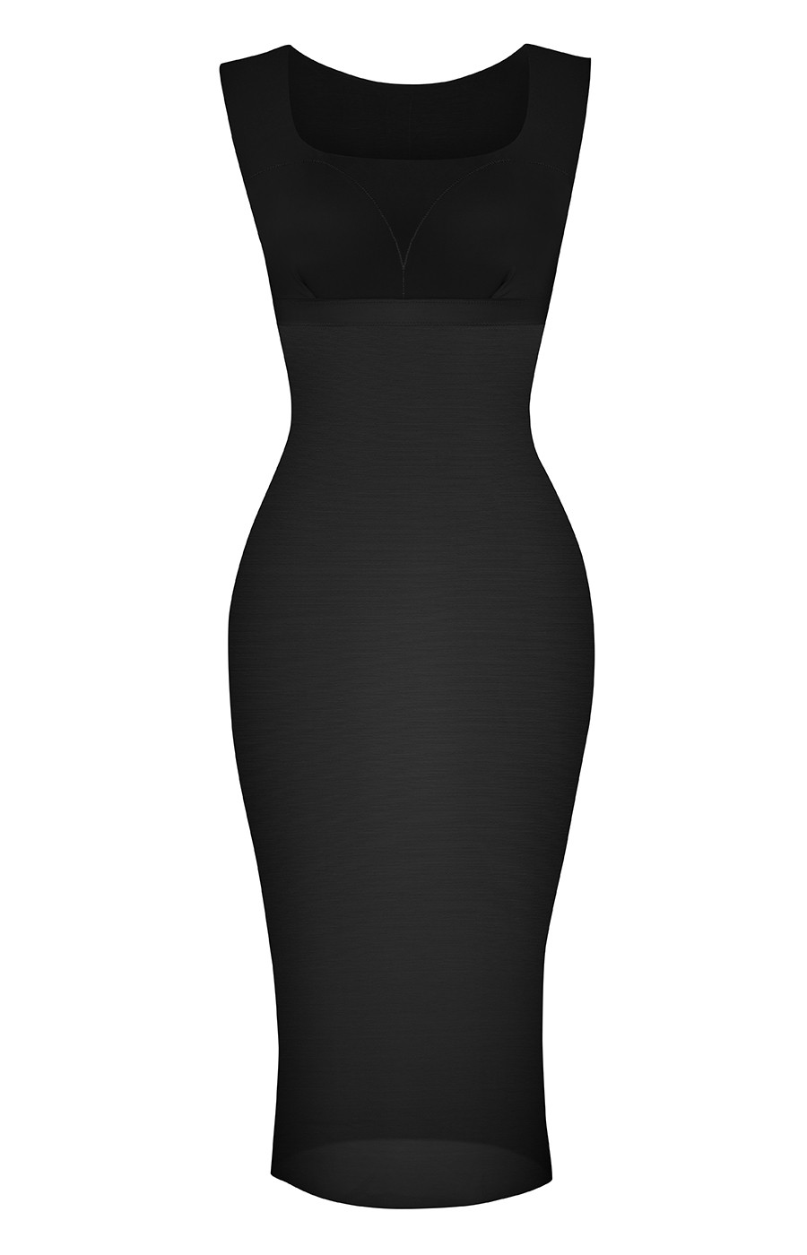 Long-Sleeve Square Neck Pleated Over-the-Knee Shapewear