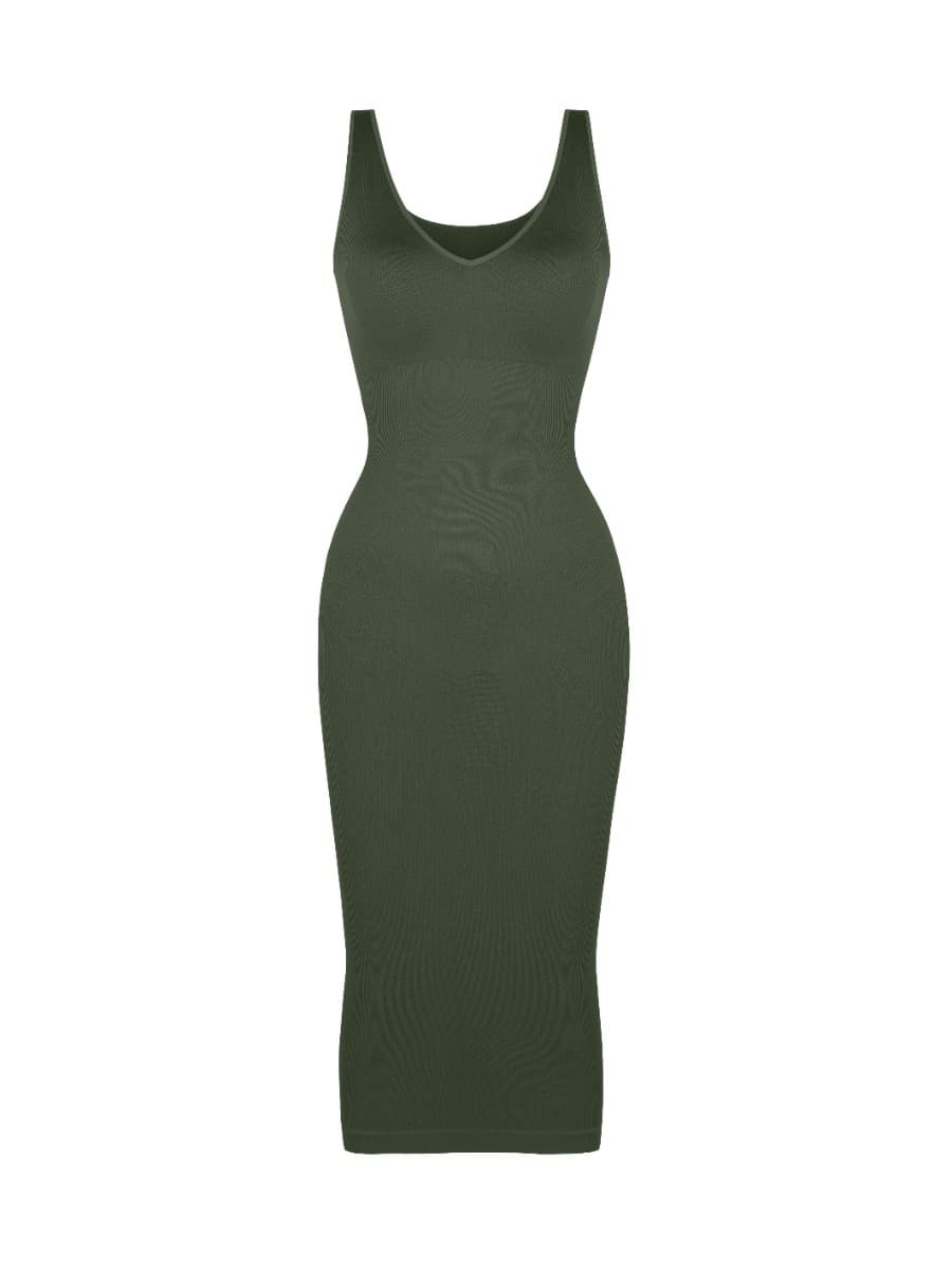 Deep V-neck Seamless Waist Trimming Shaping Dress with Removable Pads