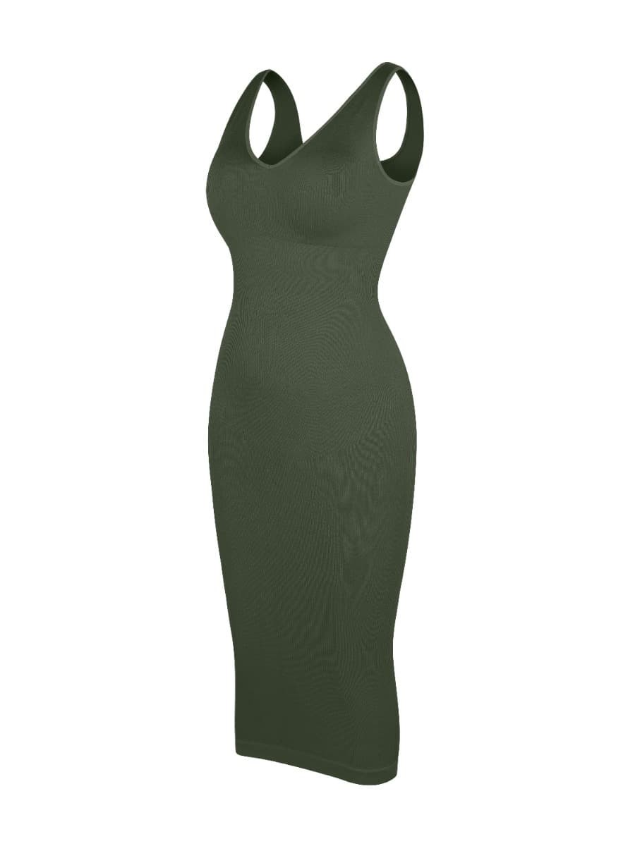 Deep V-neck Seamless Waist Trimming Shaping Dress with Removable Pads