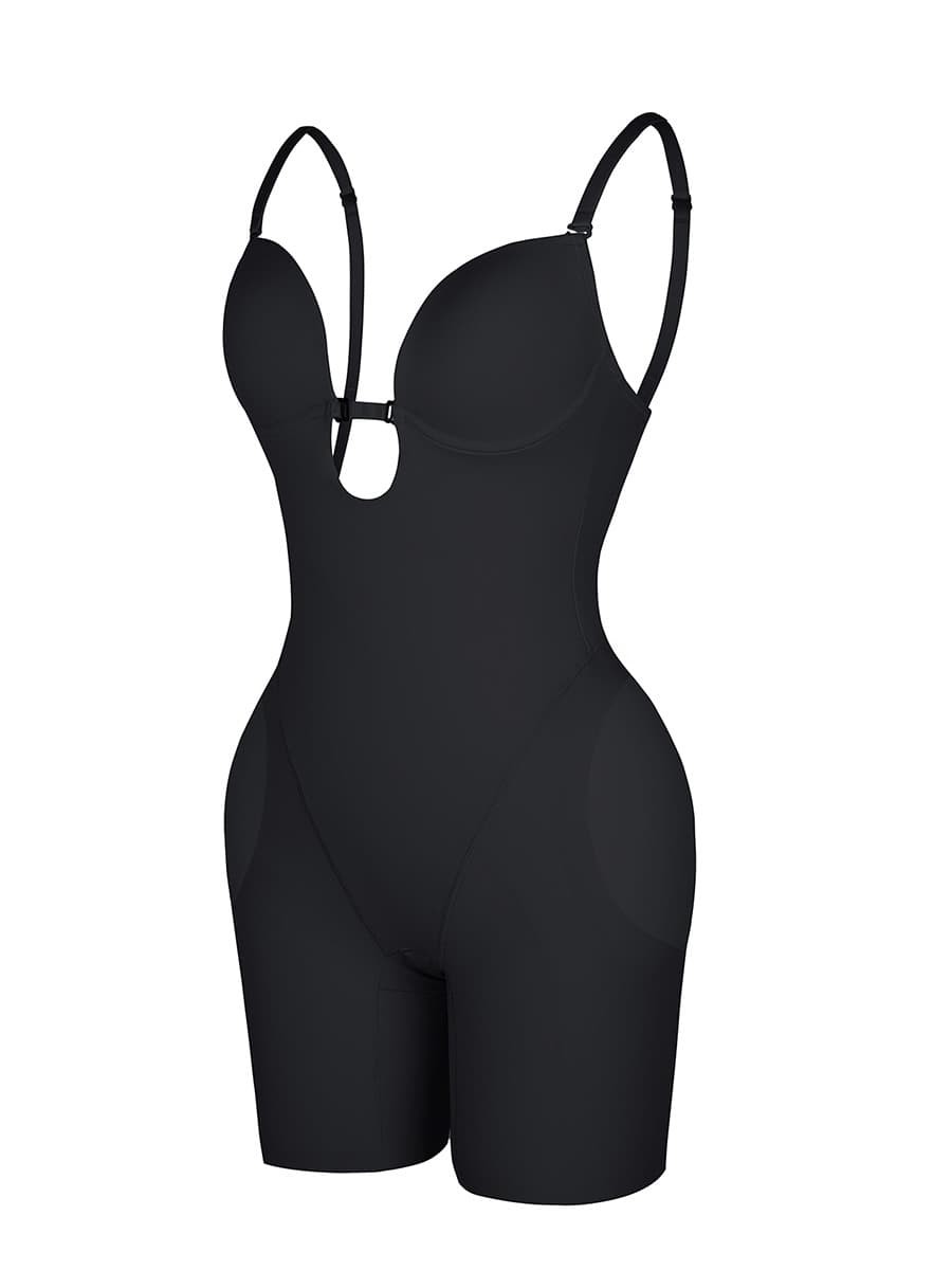 Plunge Low-Back Mid-Thigh Shapewear With Removable Hip Pads