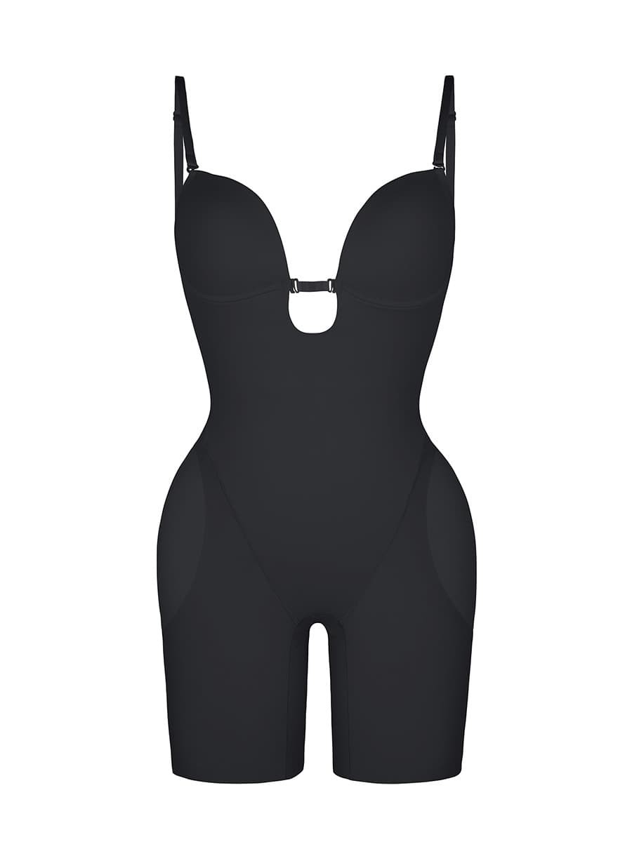Plunge Low-Back Mid-Thigh Shapewear With Removable Hip Pads