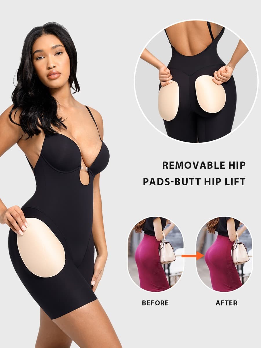 Plunge Low-Back Mid-Thigh Shapewear With Removable Hip Pads