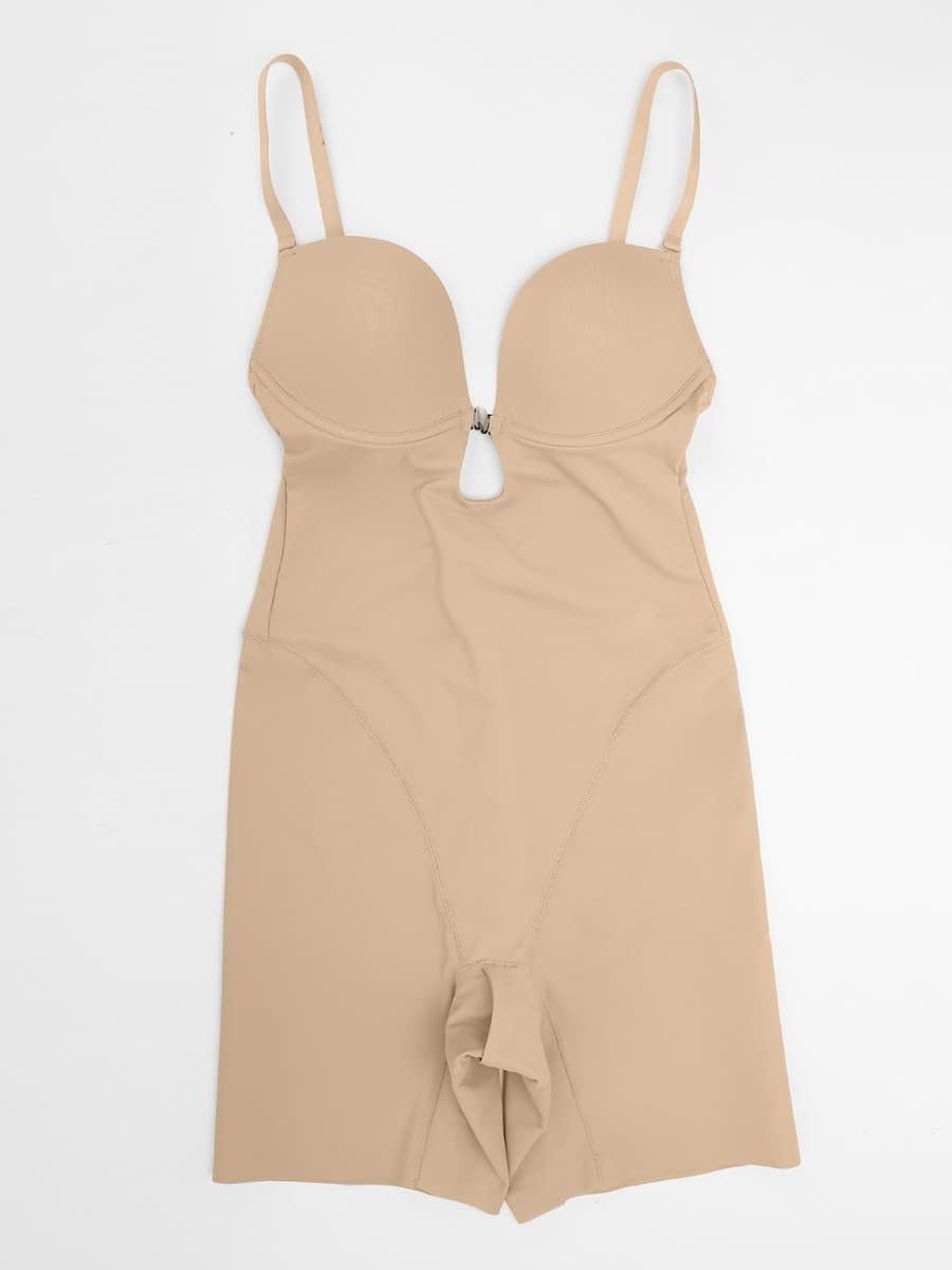 Fashion Plunge Low-Back Mid-Thigh Shapewear With Removable Hip Pads