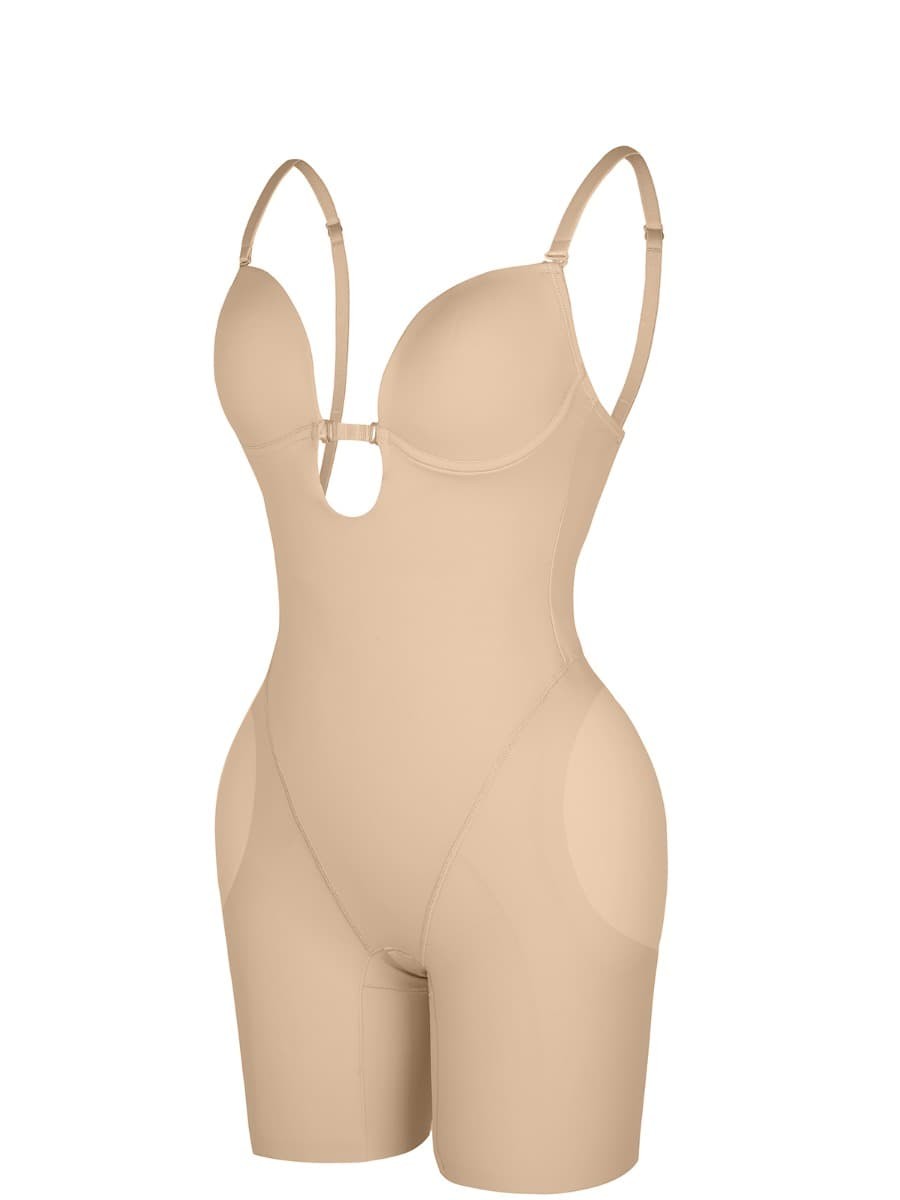 Fashion Plunge Low-Back Mid-Thigh Shapewear With Removable Hip Pads