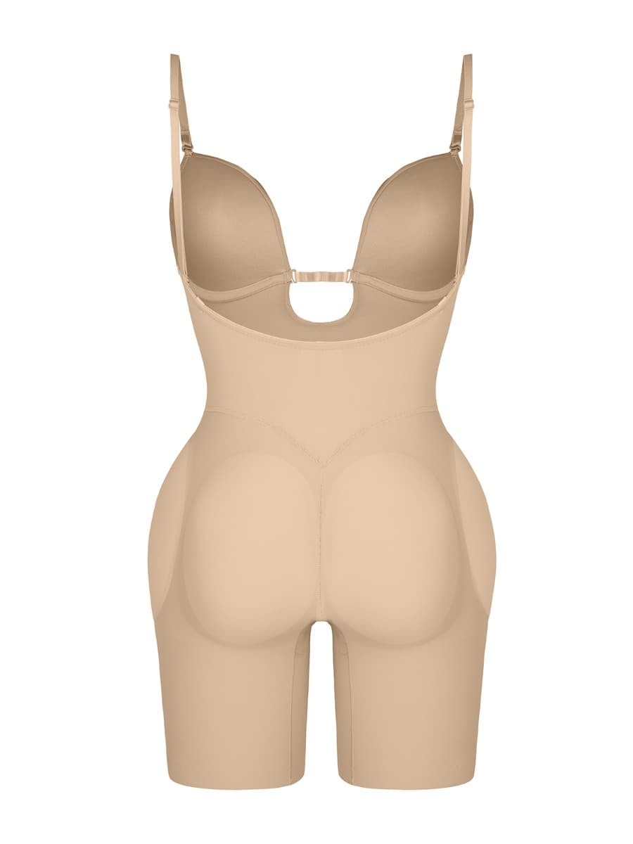 Fashion Plunge Low-Back Mid-Thigh Shapewear With Removable Hip Pads