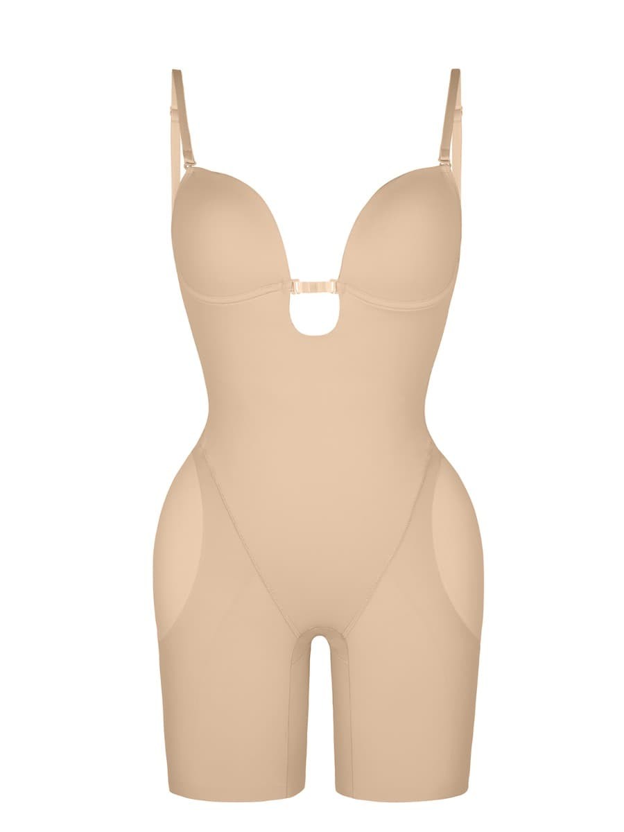 Fashion Plunge Low-Back Mid-Thigh Shapewear With Removable Hip Pads