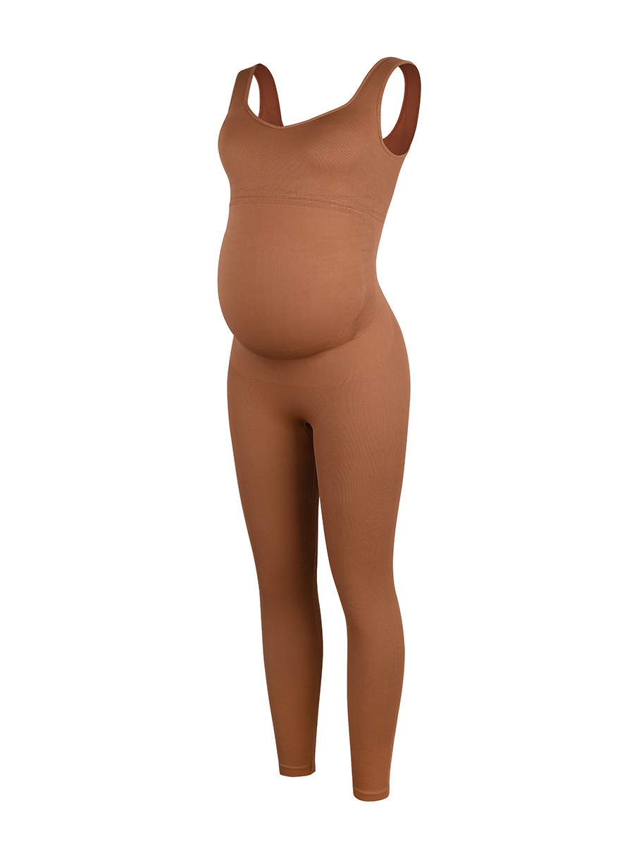Brown Nude Seamless Eco-friendly Back Lifting Maternity Jumpsuit Catsuit