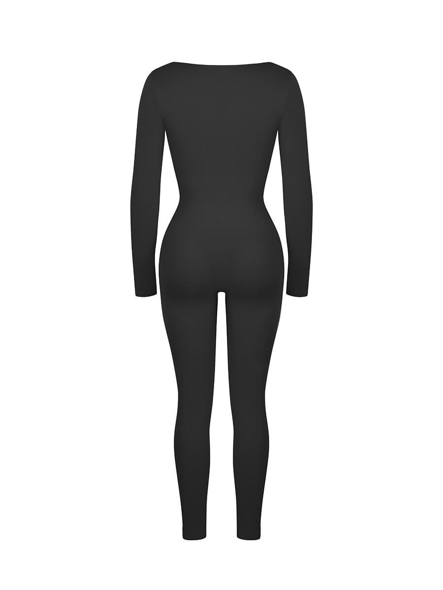 Black Color Deep V Tummy Control Waist Cinching Catsuit