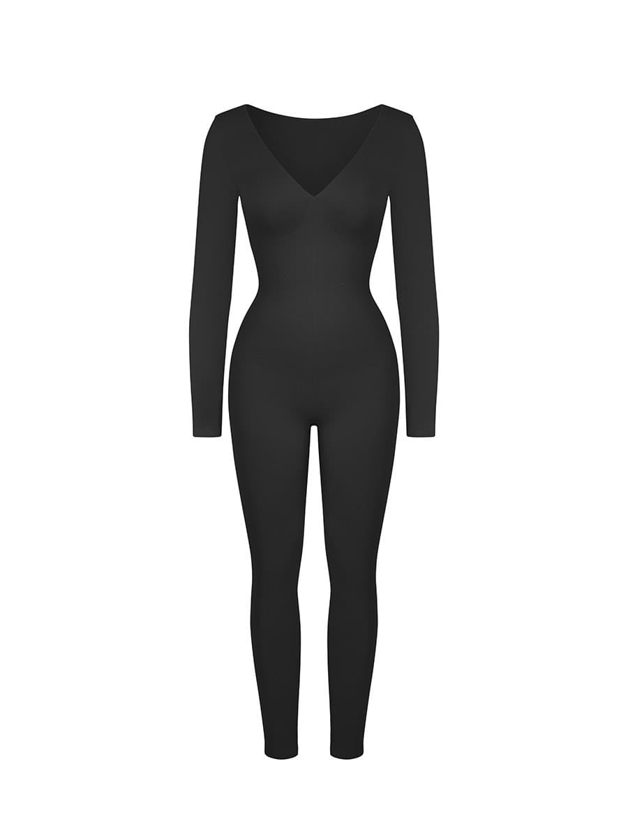 Black Color Deep V Tummy Control Waist Cinching Catsuit