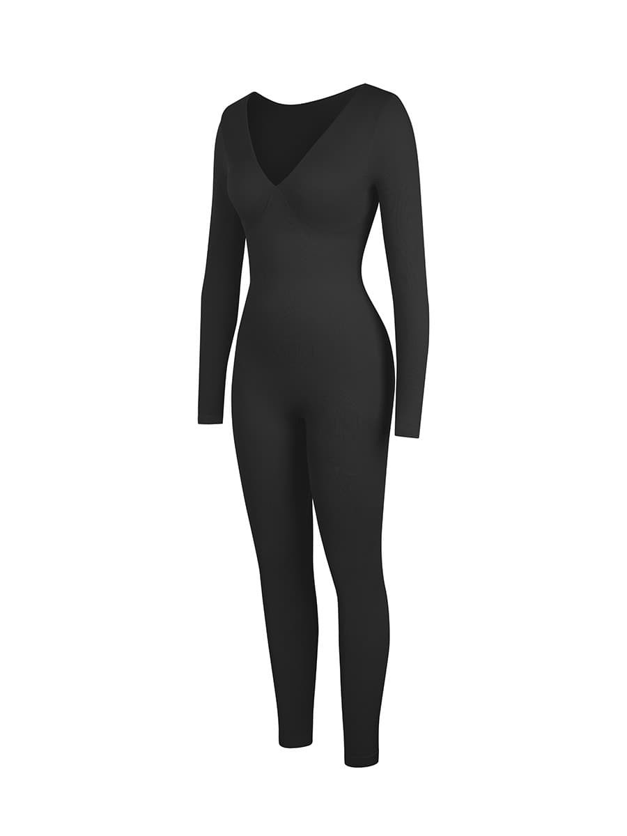 Black Color Deep V Tummy Control Waist Cinching Catsuit