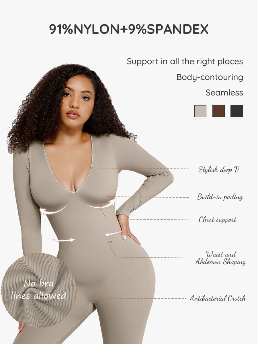 Black Color Deep V Tummy Control Waist Cinching Catsuit