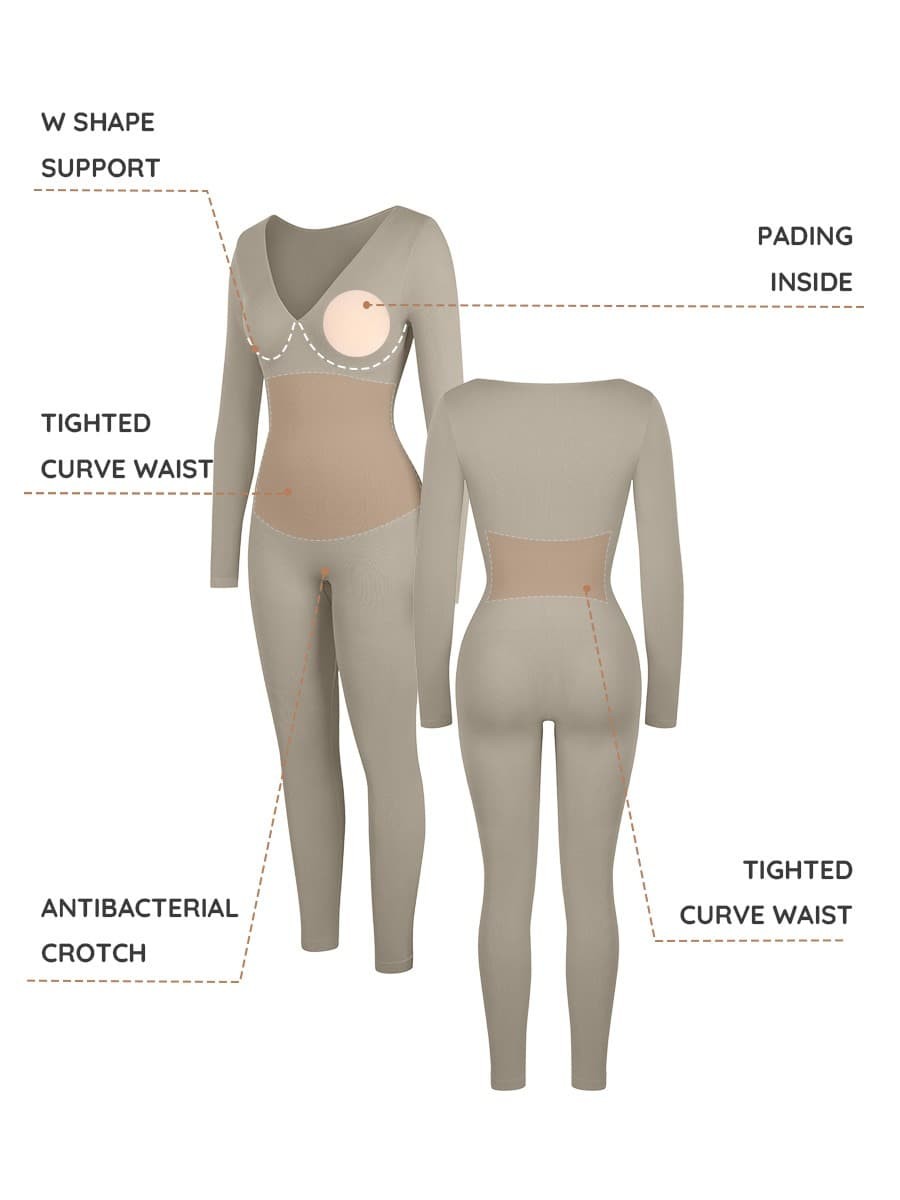 Grey Deep V Tummy Control Waist Cinching Catsuit