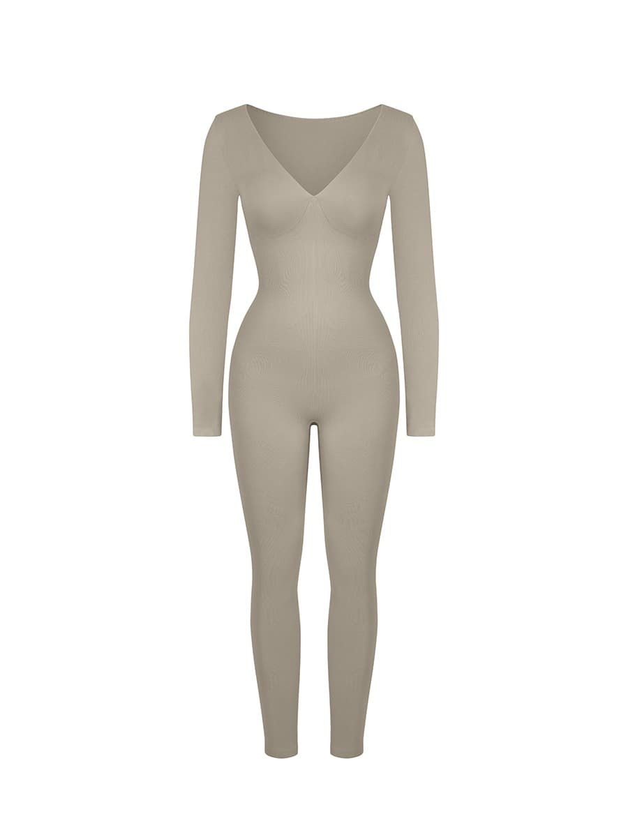 Grey Deep V Tummy Control Waist Cinching Catsuit