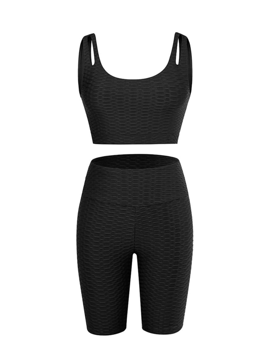 Body Hugging Black Jacquard High Waist Crop Sports Suit Stretched