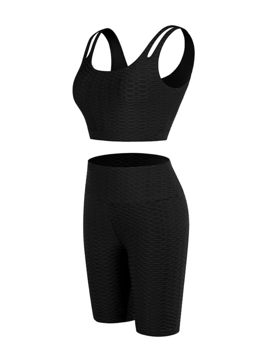 Body Hugging Black Jacquard High Waist Crop Sports Suit Stretched