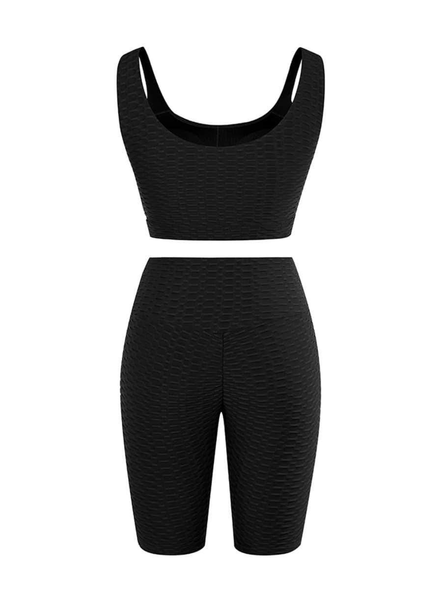 Body Hugging Black Jacquard High Waist Crop Sports Suit Stretched
