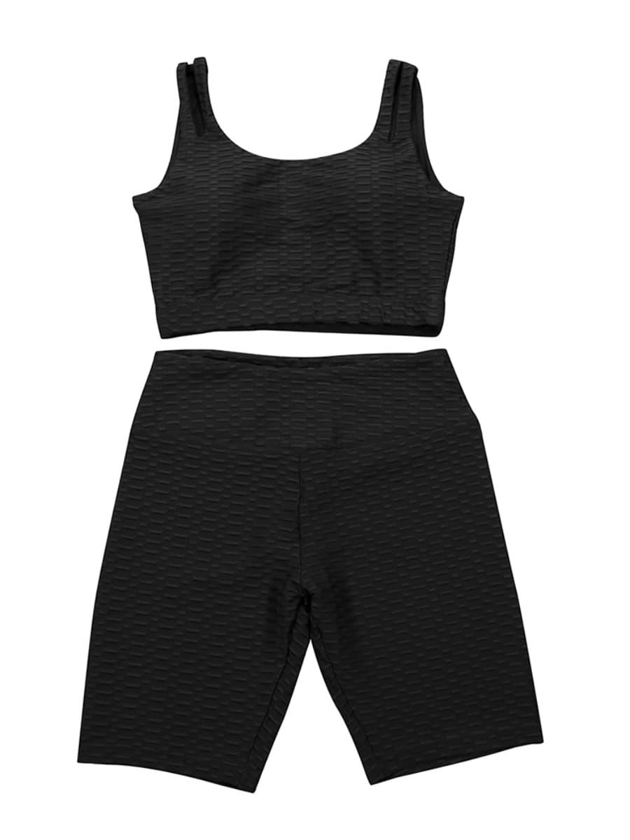 Body Hugging Black Jacquard High Waist Crop Sports Suit Stretched