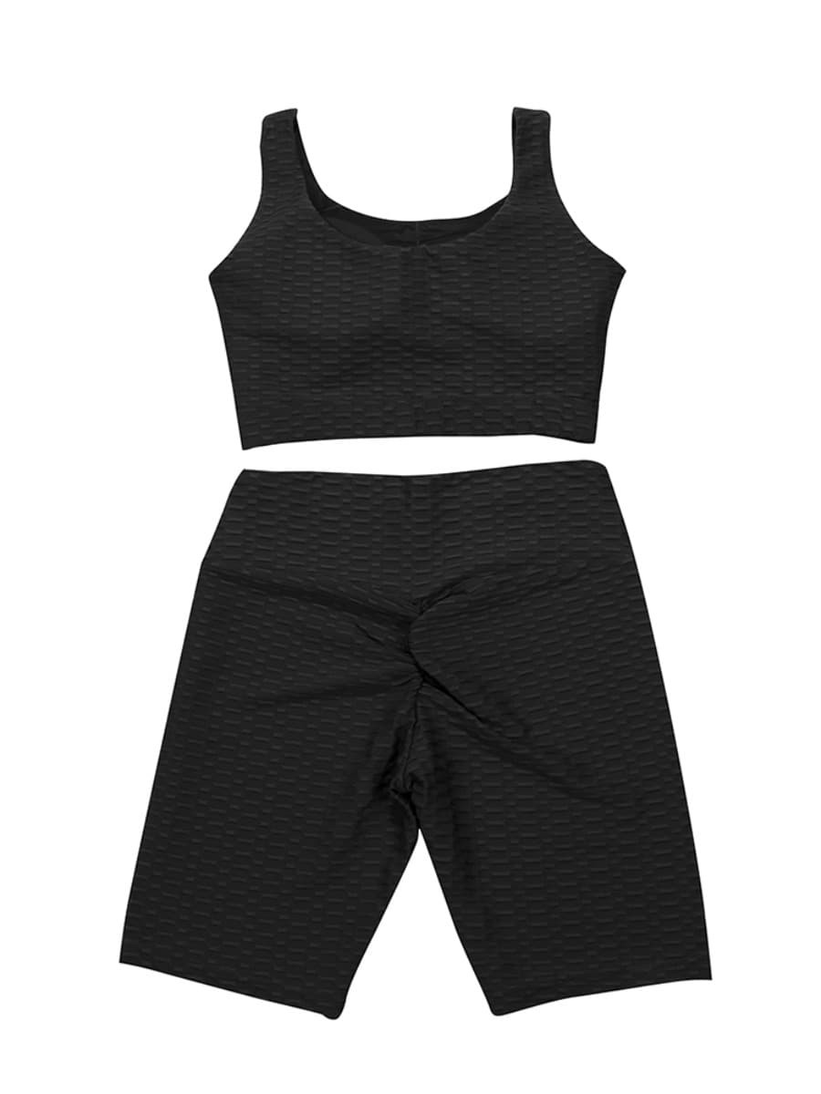 Body Hugging Black Jacquard High Waist Crop Sports Suit Stretched