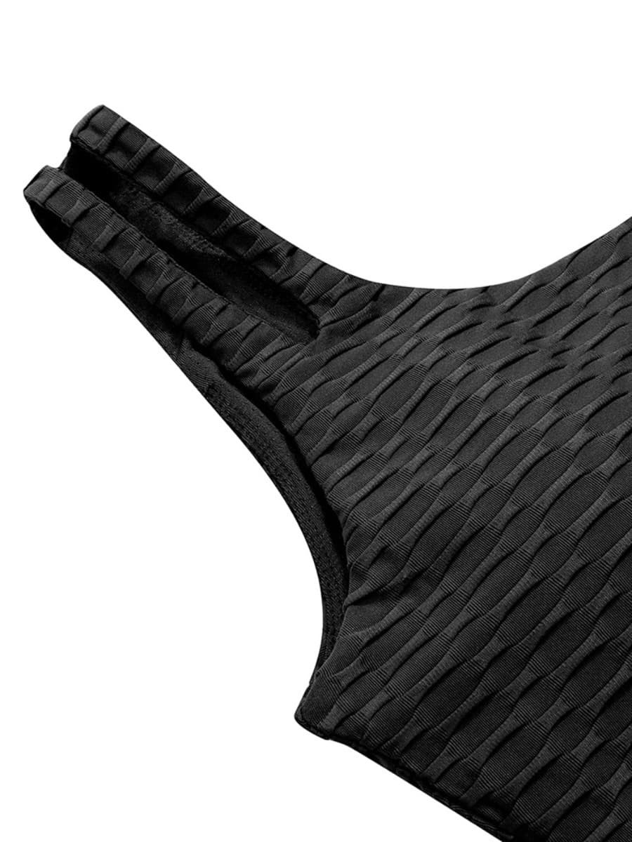 Body Hugging Black Jacquard High Waist Crop Sports Suit Stretched