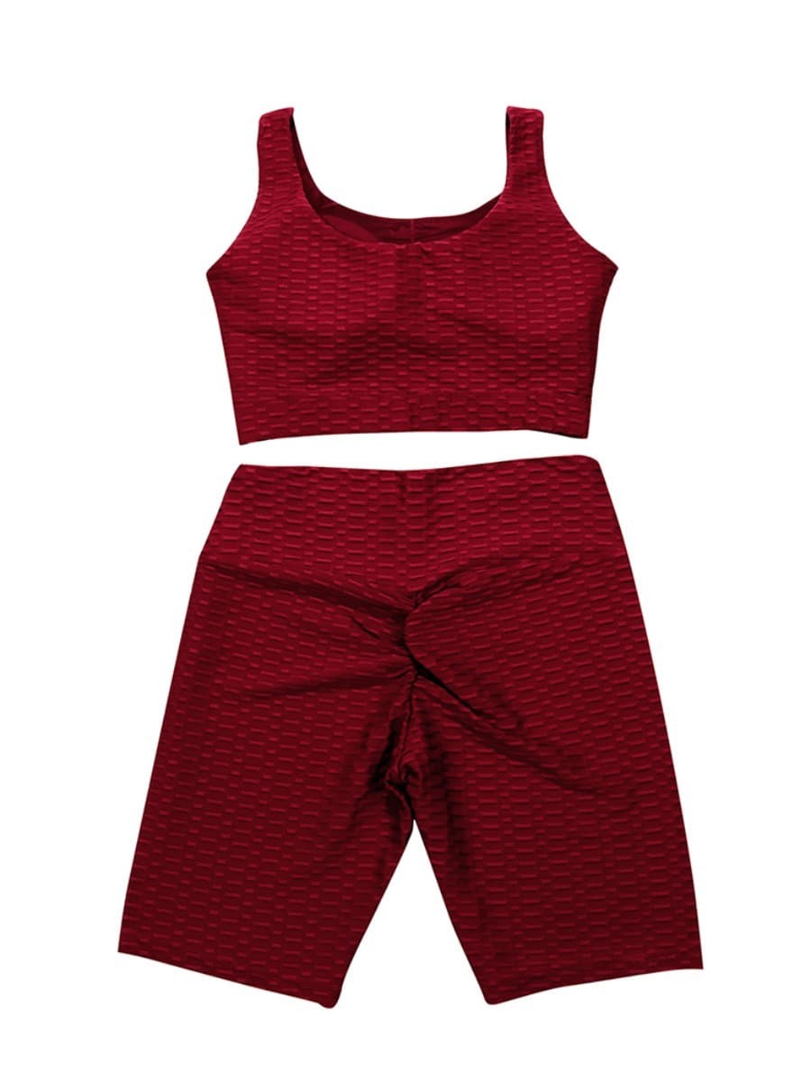Tight Wine Red Scoop Neck Crop Jacquard Sports Suit Tight
