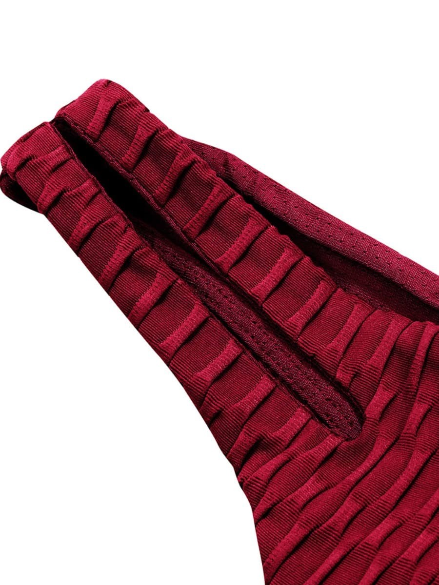 Tight Wine Red Scoop Neck Crop Jacquard Sports Suit Tight