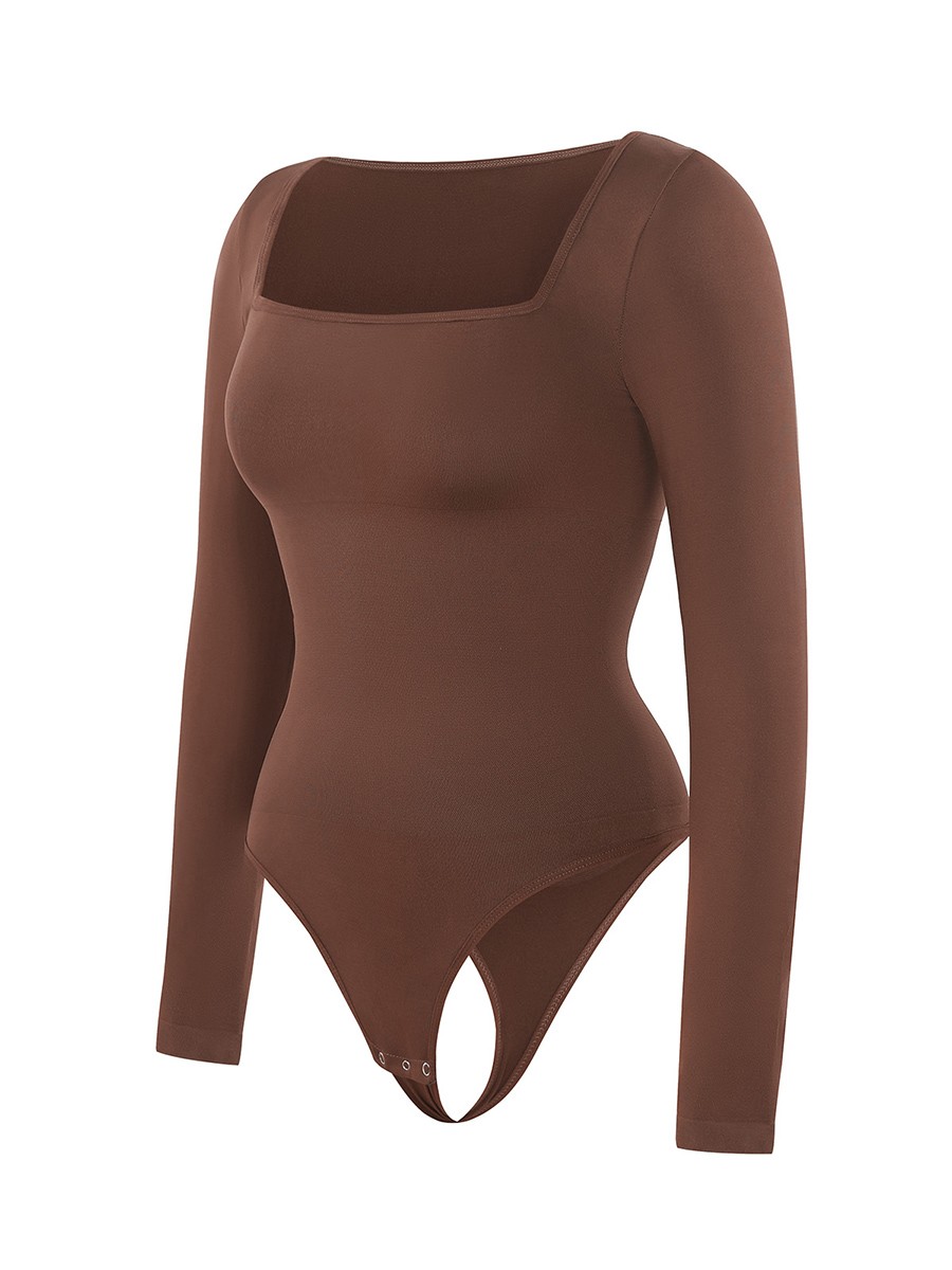 Square Neck Long Sleeve Seamless Eco-friendly 360° Waist Control Thong Bodysuit