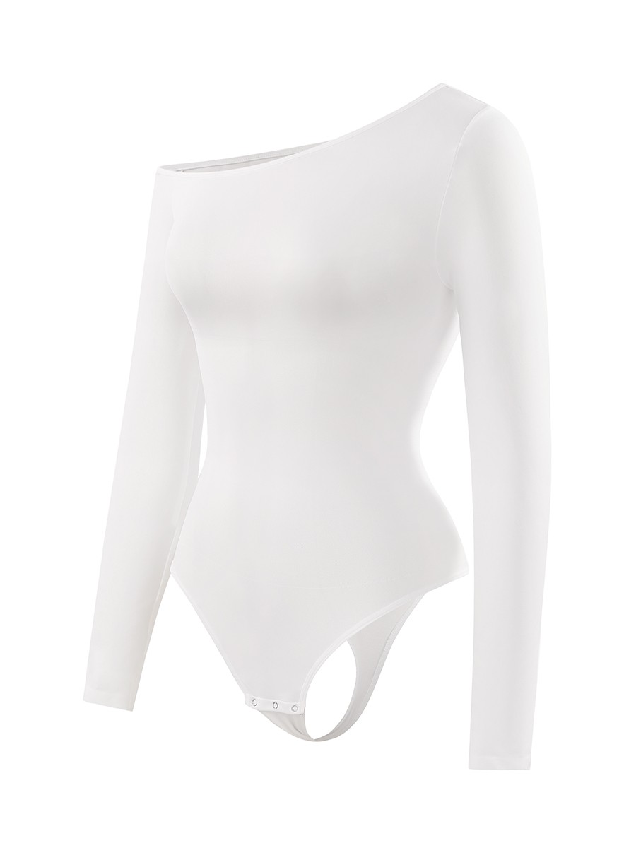 Seamless Long Sleeve Diagonal Neck Waist Trimming Thong Bodysuit