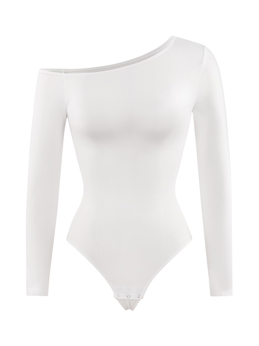 Seamless Long Sleeve Diagonal Neck Waist Trimming Thong Bodysuit