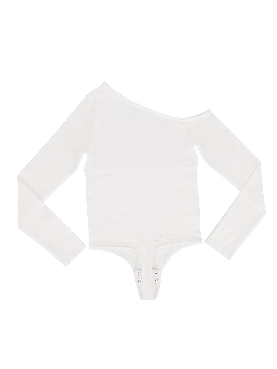 Seamless Long Sleeve Diagonal Neck Waist Trimming Thong Bodysuit
