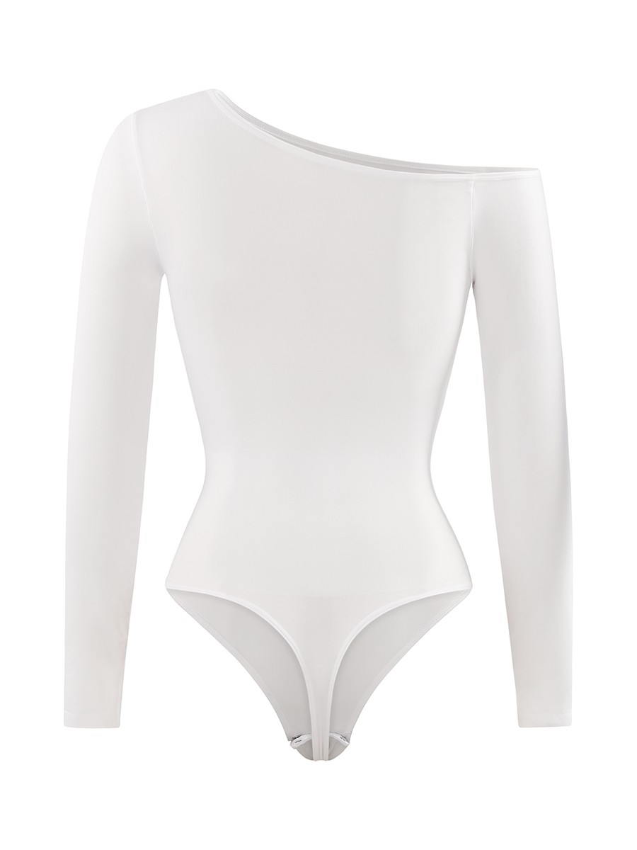 Seamless Long Sleeve Diagonal Neck Waist Trimming Thong Bodysuit
