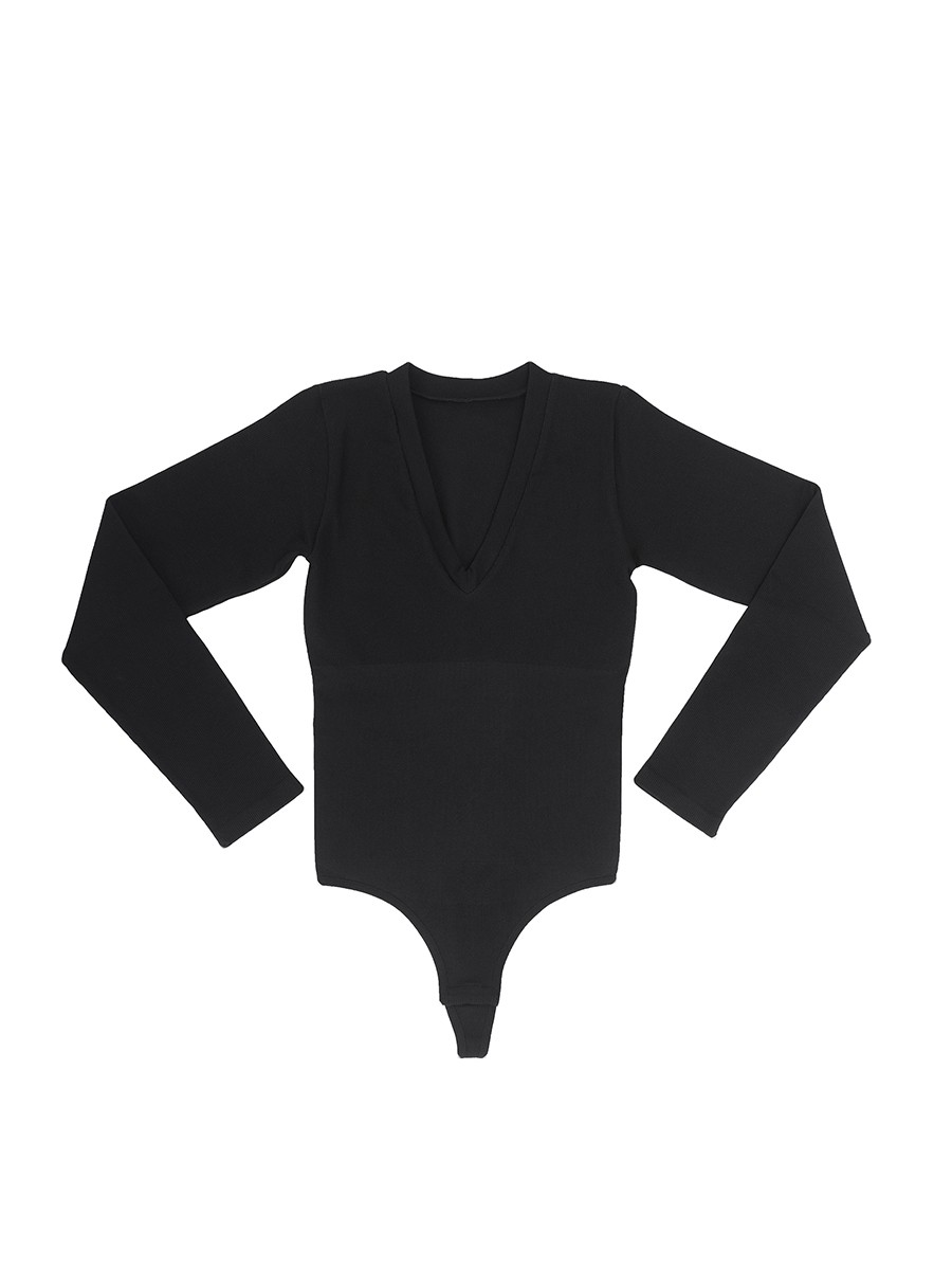 Long Sleeved V-neck Waist Shaping Tummy Control Seamless Bodysuit