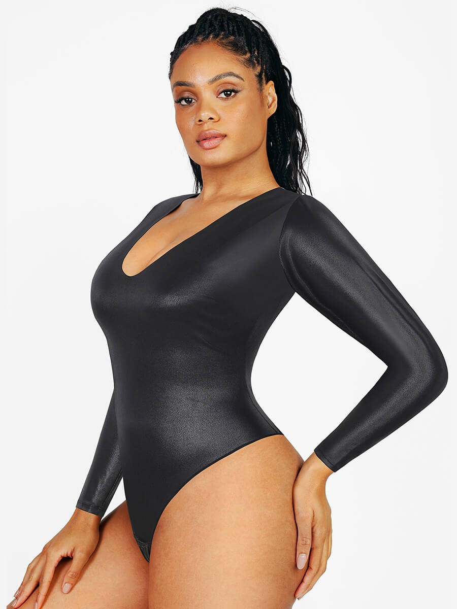 High Elastic Faux Leather Deep V-neck Abdomen Tightening Bodysuit