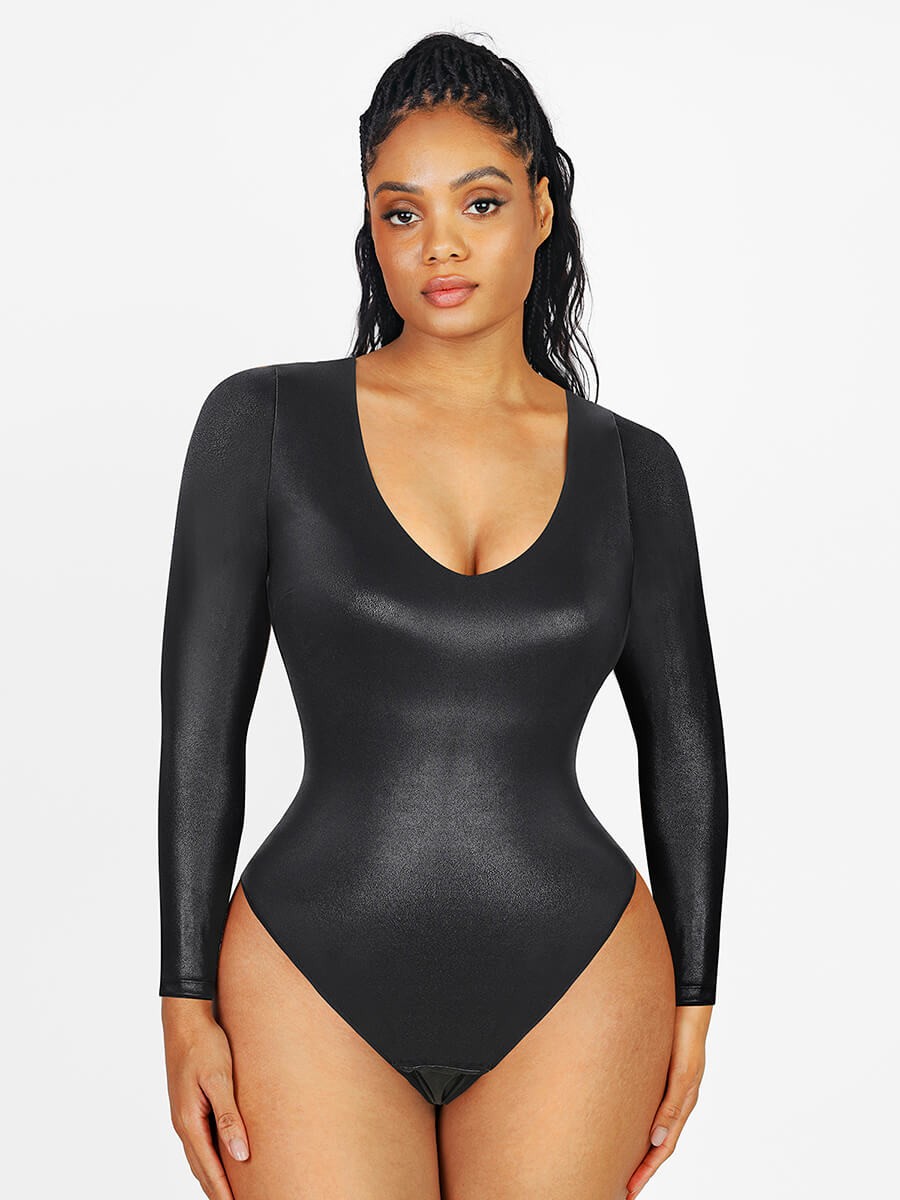 High Elastic Faux Leather Deep V-neck Abdomen Tightening Bodysuit