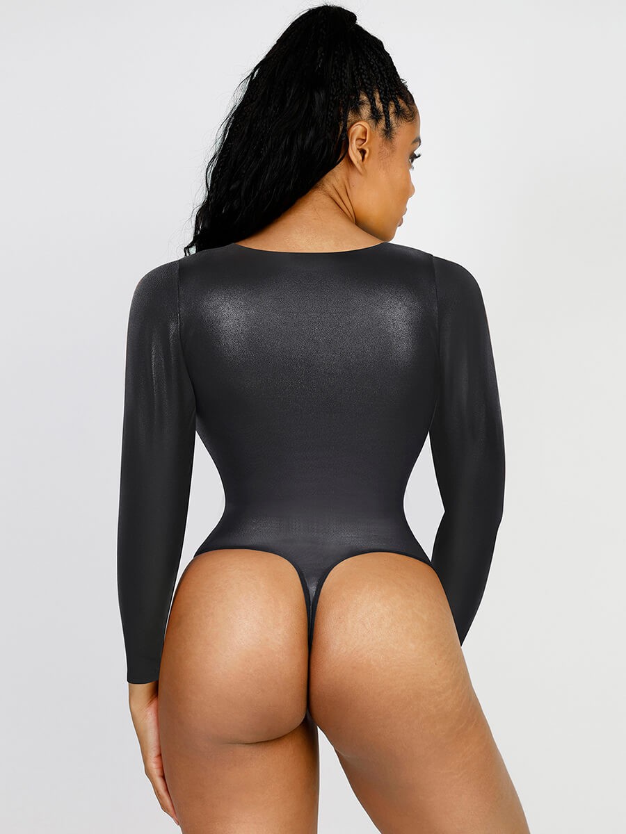 High Elastic Faux Leather Deep V-neck Abdomen Tightening Bodysuit
