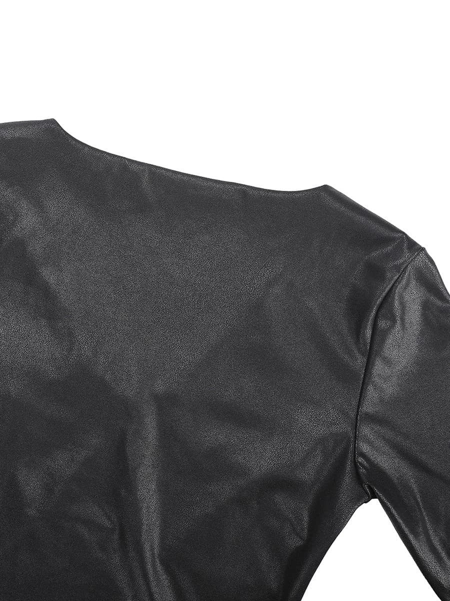 High Elastic Faux Leather Deep V-neck Abdomen Tightening Bodysuit