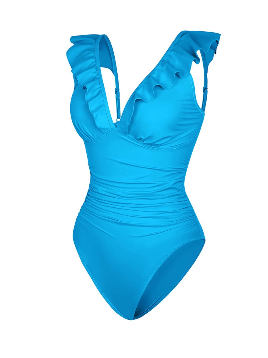 Ruffled One Piece V Neck Lace Up Shaping Swimsuit