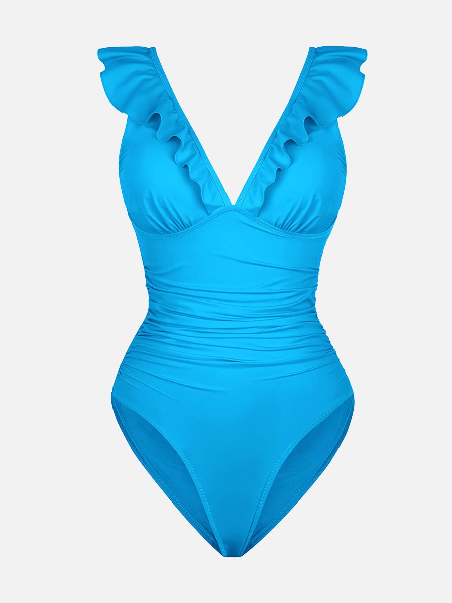 Ruffled One Piece V Neck Lace Up Shaping Swimsuit