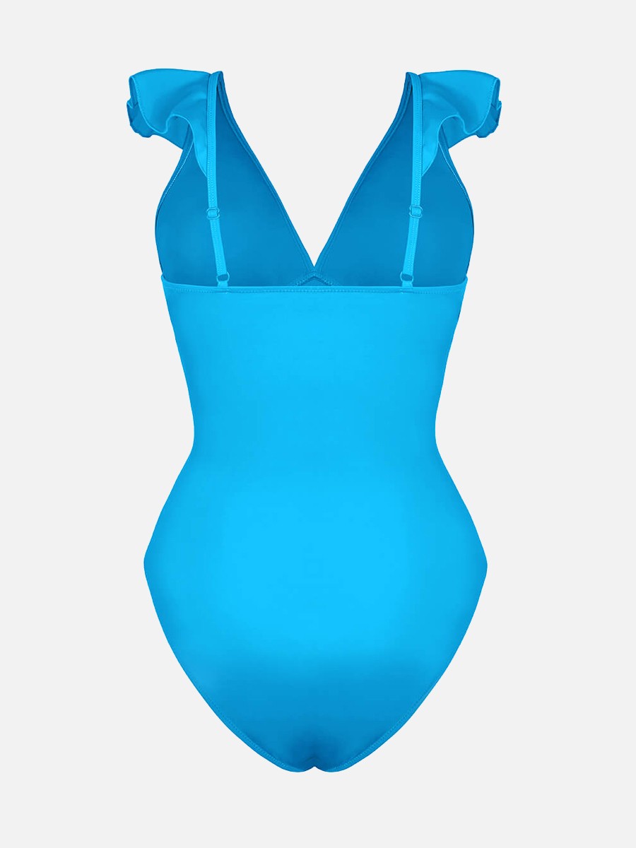 Ruffled One Piece V Neck Lace Up Shaping Swimsuit