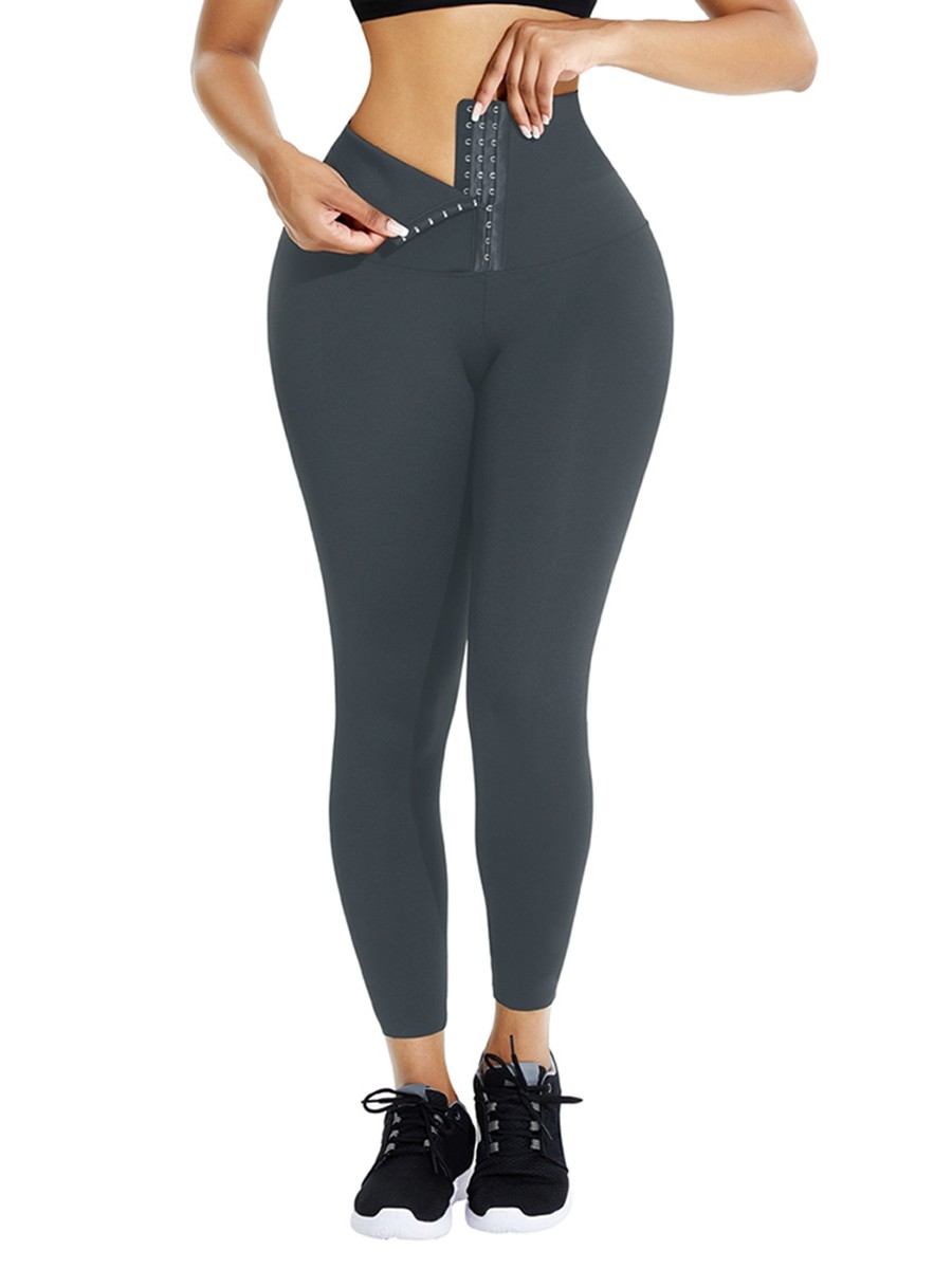 Gray Waist Trainer Leggings With Hooks Compression Silhouette