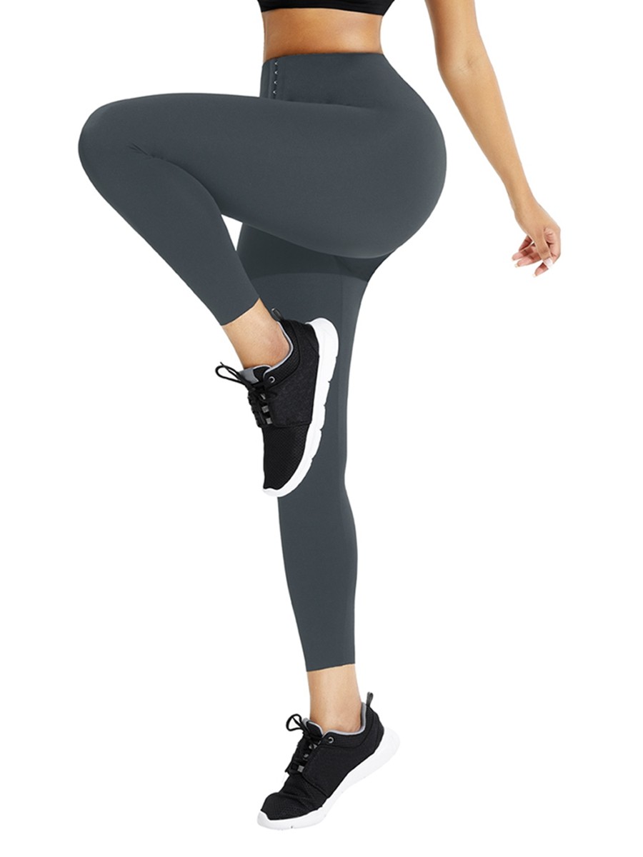 Gray Waist Trainer Leggings With Hooks Compression Silhouette