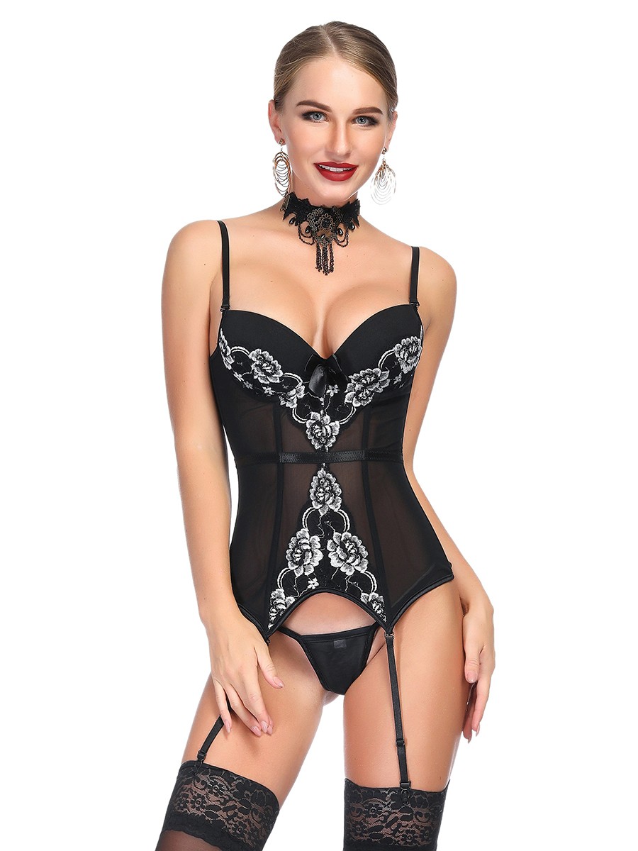 Intimate Black Mesh Corset G-String Peony Pattern Nightwear