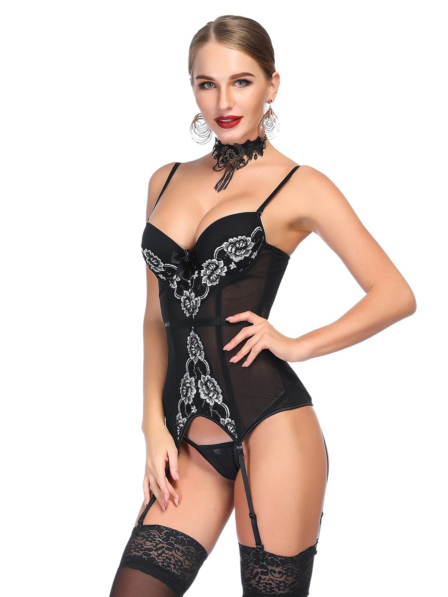 Intimate Black Mesh Corset G-String Peony Pattern Nightwear