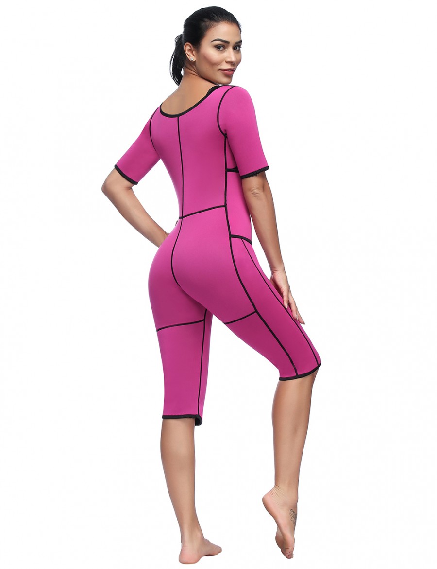 Short Sleeves Rose Red Neoprene Fat Burning Full Body Shapers