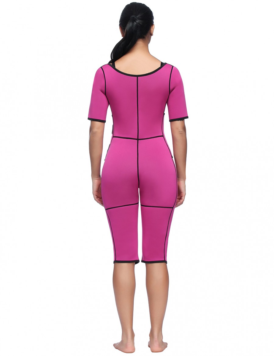 Short Sleeves Rose Red Neoprene Fat Burning Full Body Shapers