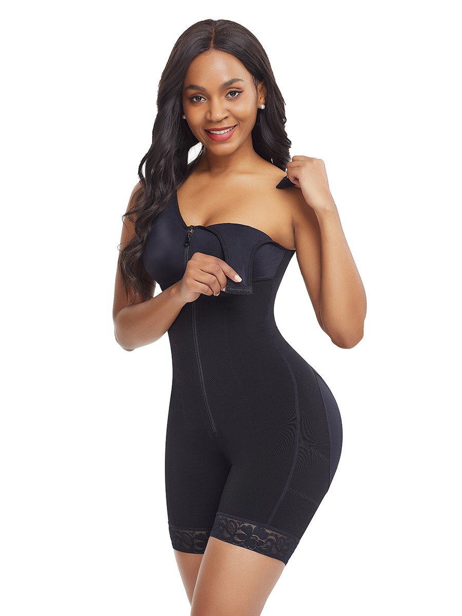 Black Full Body Compression Shapewear Lace Trim Large Size Elastic