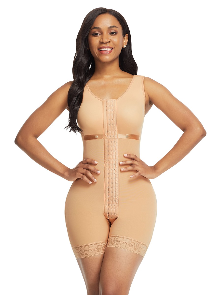 Skin Color Wide Straps Crotchless Full Body Shapewear With Hooks