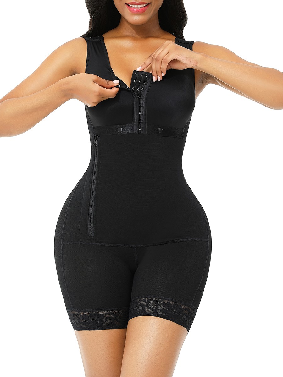 Black Full Body Shaper Glue Zipper Open Crotch Lace Slimming Stomach