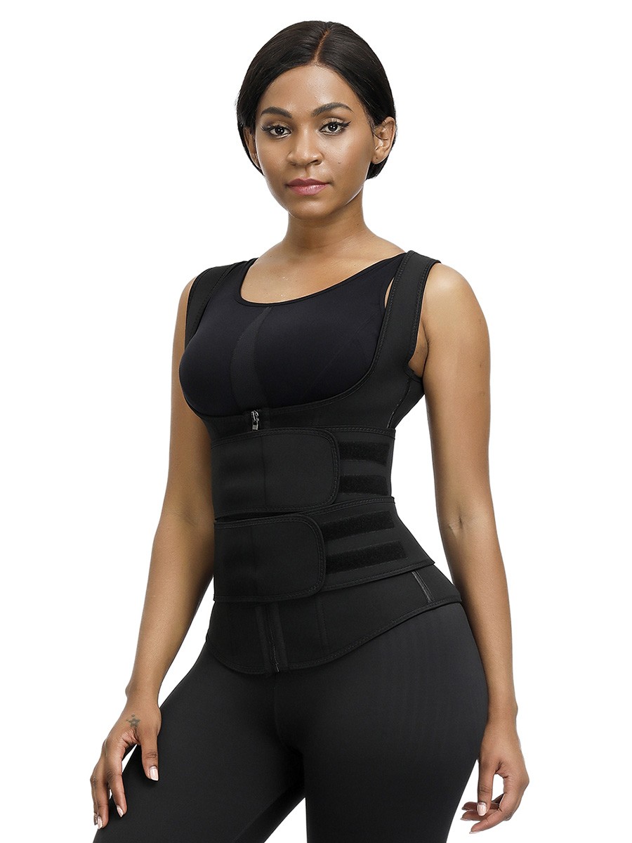 Black Neoprene Waist Trainer With Double Belt Abdominal Control