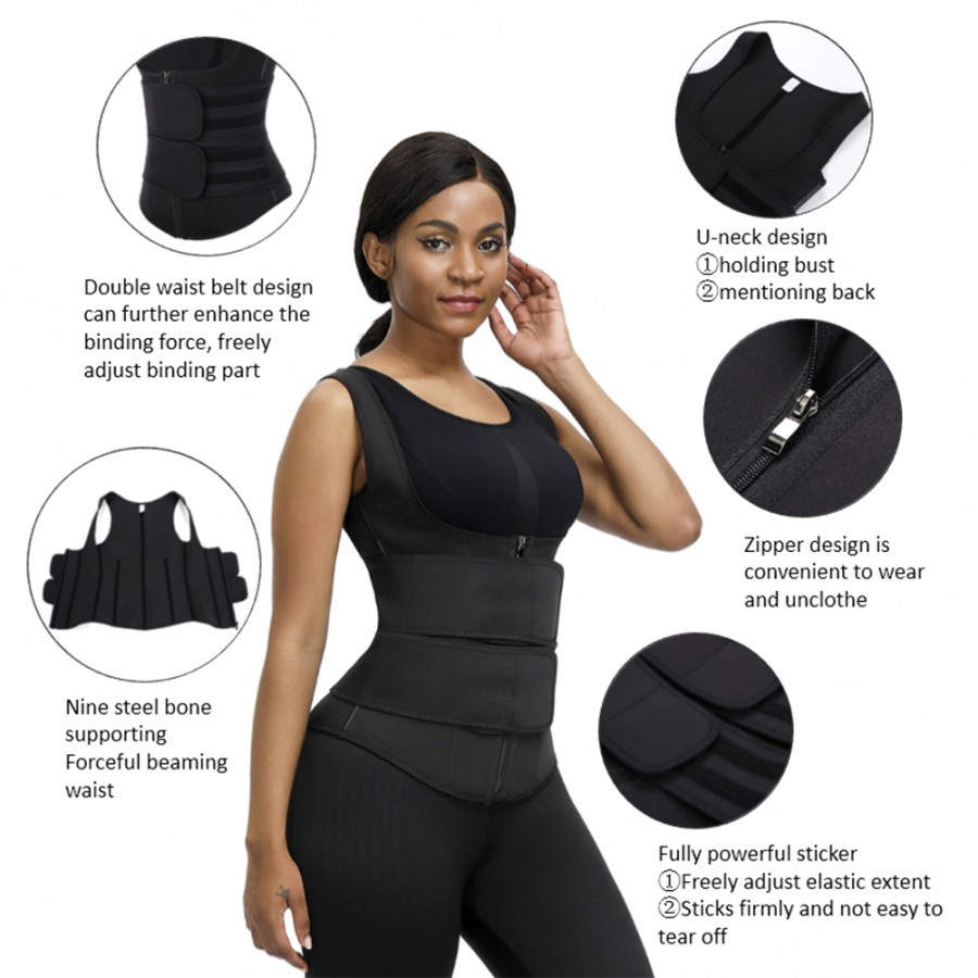 Black Neoprene Waist Trainer With Double Belt Abdominal Control