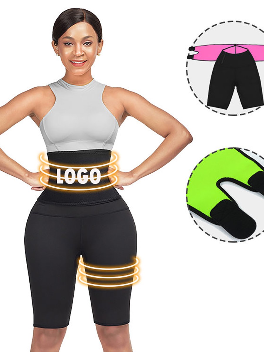 Logo Print Black Solid Color Neoprene Body Shaper Shorts High Waist